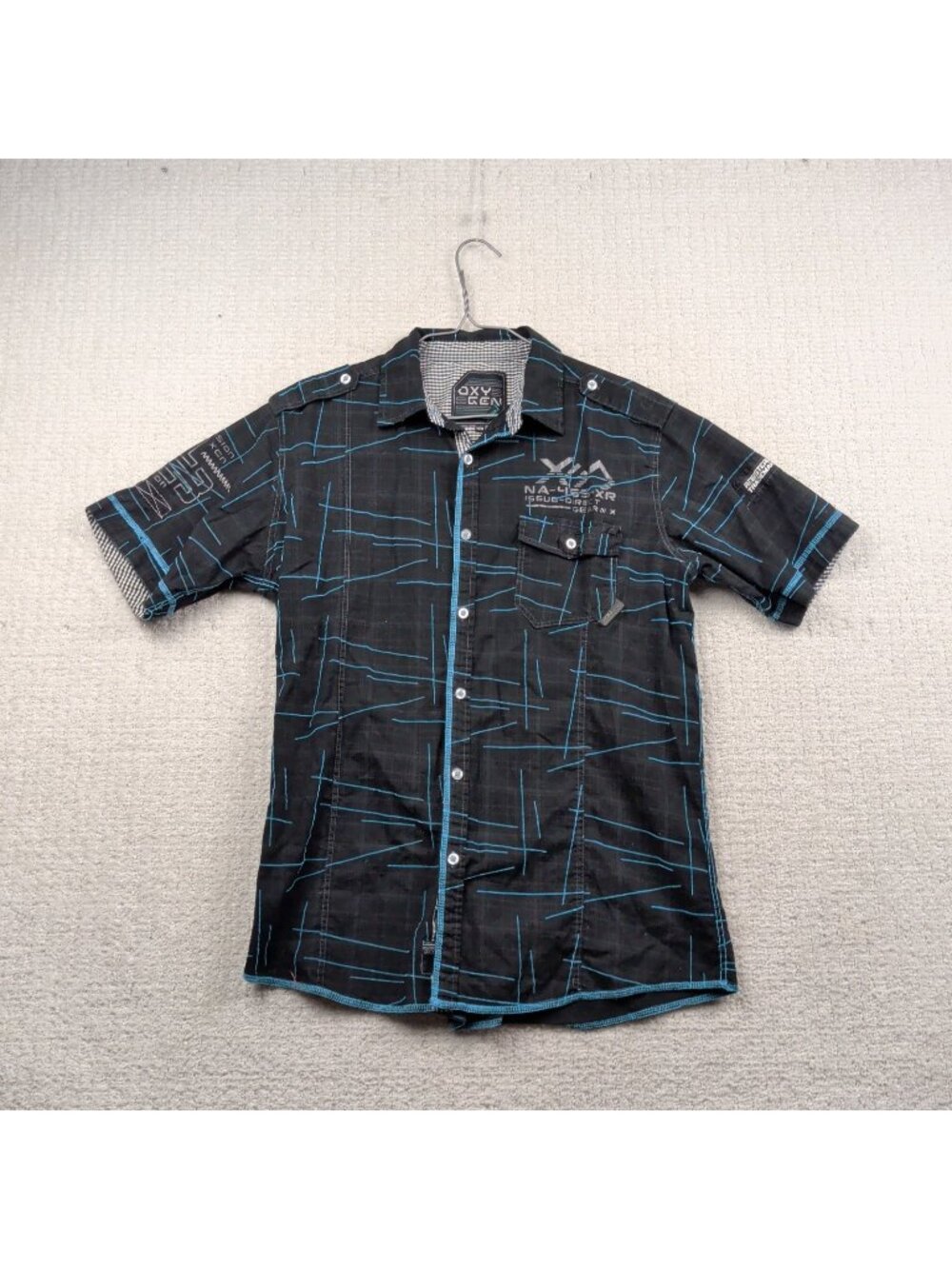Y2K Oxygen Button Up Shirt Short Sleeve Sz M Grunge Racing Goth Military Cyber
